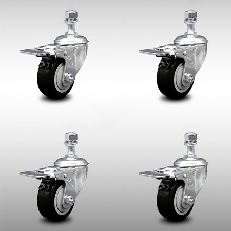 Service Caster 3 Inch SS Black Polyurethane 12mm Threaded Stem Caster Set Total Lock Brake SCC-SSTSTTL20S314-PPUB-BLK-M1215-4